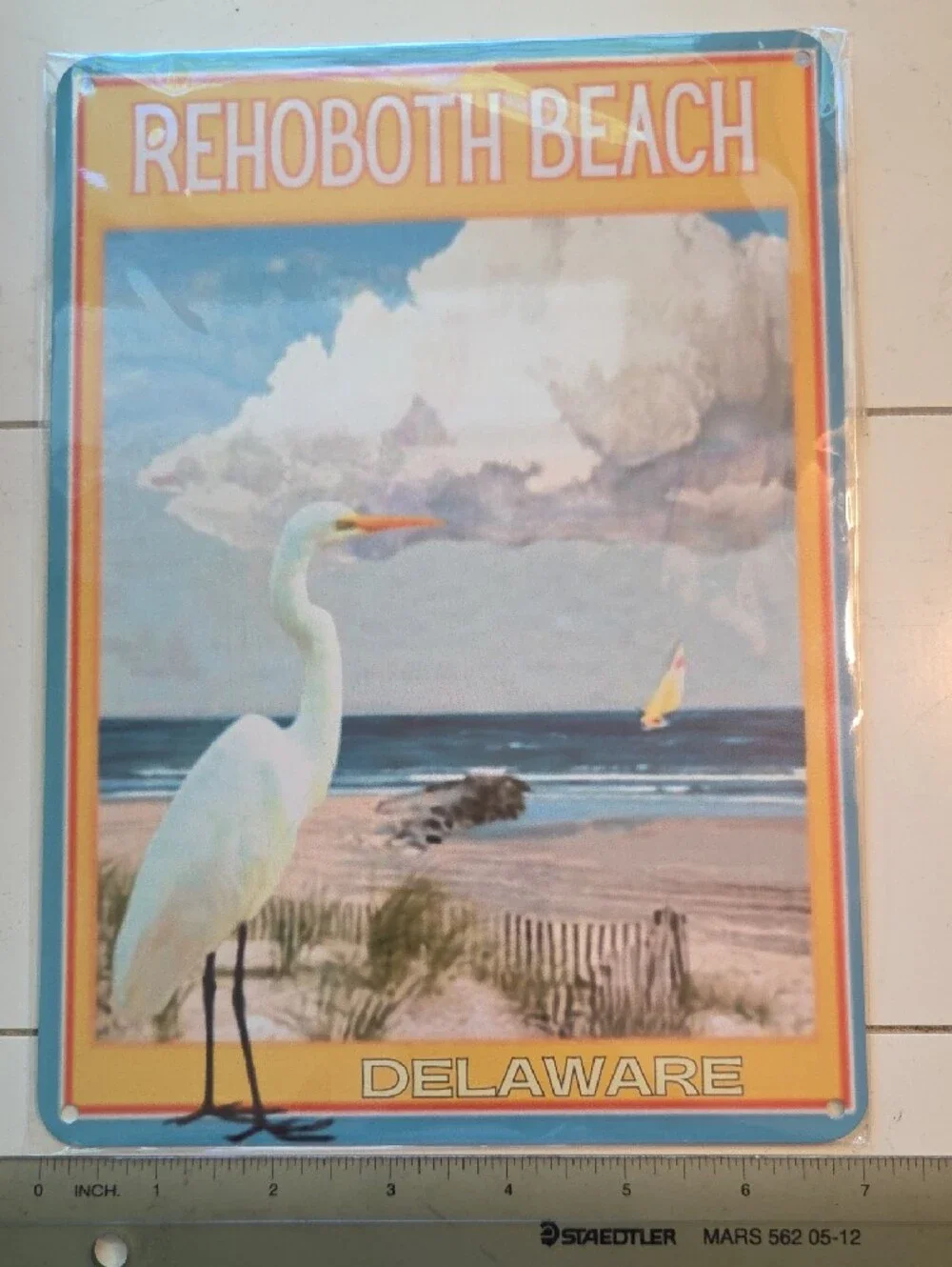 Painted Metal Sign - Rehoboth Beach Delaware Coastal Wall Art - Yellow & Blue